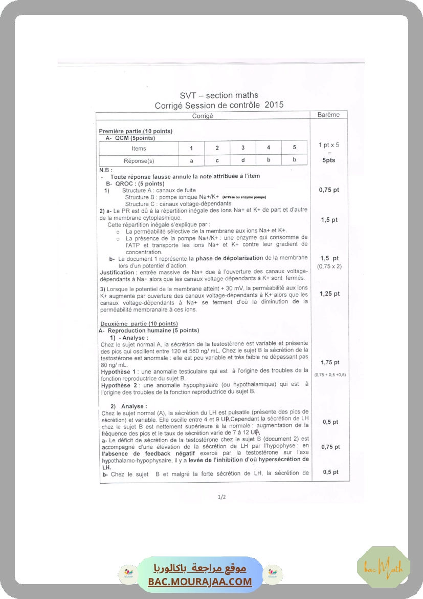 Corrigé controle svt Bac 2015 – Section math